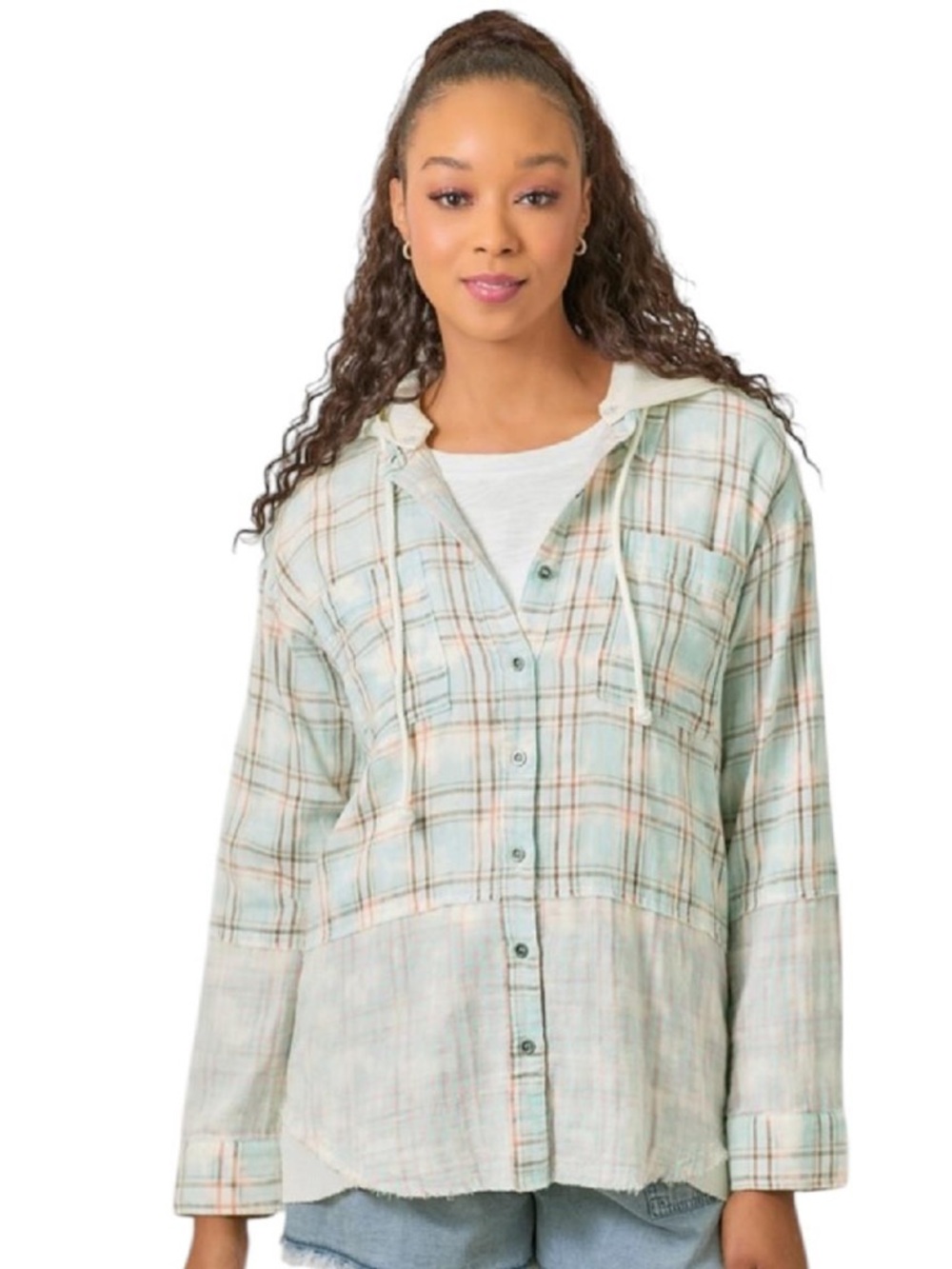 NWTs Light Green Plaid Hooded Button-Front Shirt Jacket $32 Firm